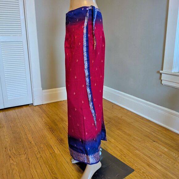 Vintage 90s Thai Silk by Apple Wrap Skirt Red Blue Filigree Ombre - Picture 7 of 9